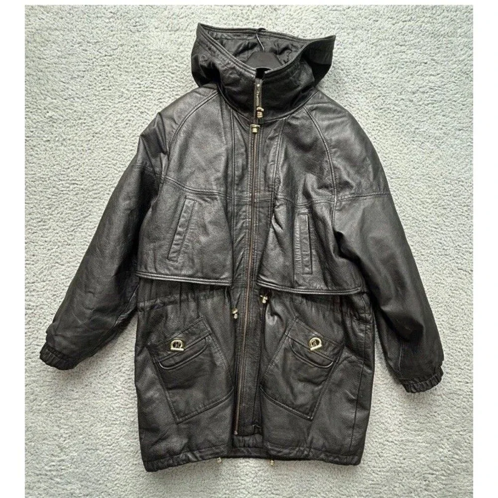 Vintage 90s GIII Leather Jacket Coat Hooded Parka Full Zip Men’s Large Vented